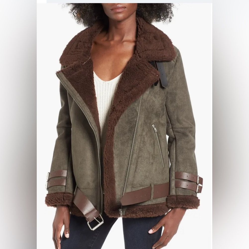 J.O.A Faux Shearling Jacket - Olive Green/Brown - Size Large